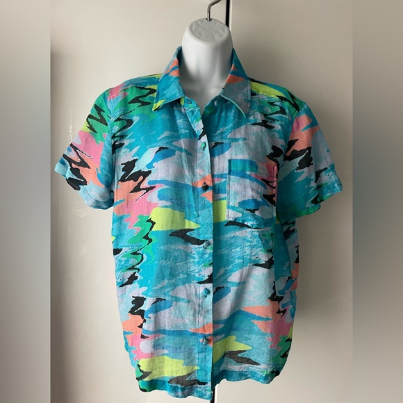 SOLID & STRIPED blue pink green colorful linen cotton short sleeved shirt xs - Picture 2 of 10